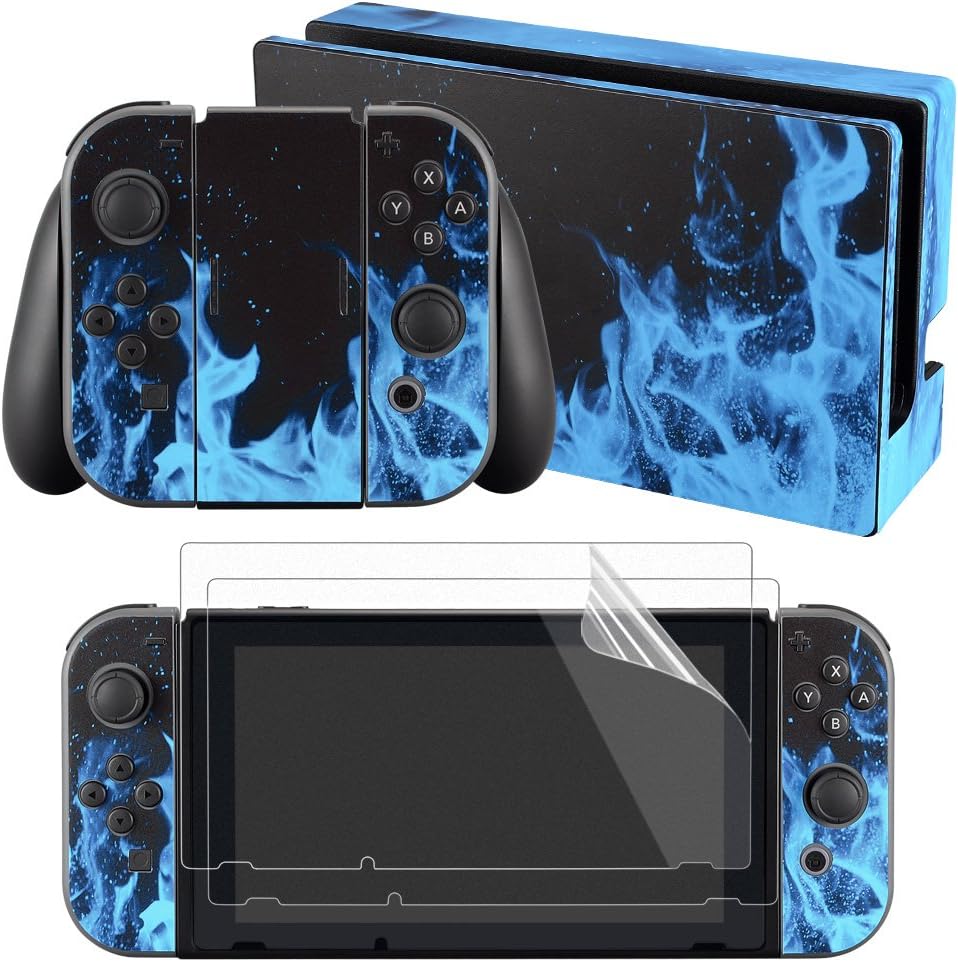 eXtremeRate Full Set Faceplate Skin Decal Stickers for Nintendo Switch with 2Pcs Screen Protector (Console & joy con & Dock & Grip) - Blue Flame