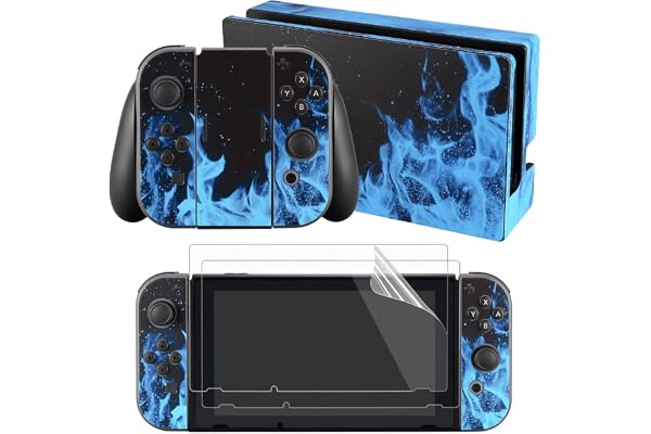 eXtremeRate Autocollant pour Nintendo Switch Manette,Sticker Skin pour Switch Console & Joycon & Dock avec 2 Protection d'Écran-Flamme Bleue