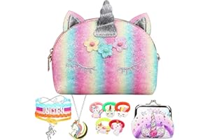 RHCPFOVR Licorne Sac a Main avec Bijoux Enfants Fille, 5Pcs Unicorn Collier Bracelet kit Bijoux pour Cadeau Anniversaire de Fête