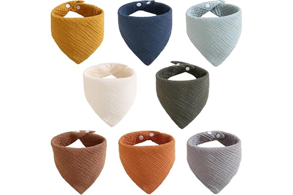 CHUANFU 8 Stycken Baby Haklapp, Triangel Baby Scarf 100% Bomull, Högt Absorberande Musselinhaklappar med Justerbara Knappar f