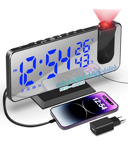 Réveil Projecteur Plafond Ankilo 180° - Affichage Température Et Humidité - USB, Snooze - Pour Chambre