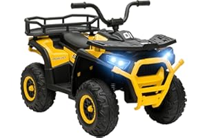 AIYAPLAY 12V Kids Electric Ride on ATV, Battery Powered Quad Bike with 4 Suspension Wheels, Forward Reverse Function, Headlights, Music, Storage Basket, for Ages 3-5 Years, Yellow