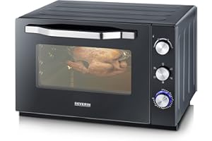 SEVERIN Four posable XXL à Chaleur Tournante 60 L avec pierre à pizza et tournebroche 2 200 W design simple et élégant, Four électrique avec minuteur 120 min, Noir/Inox, TO 2073