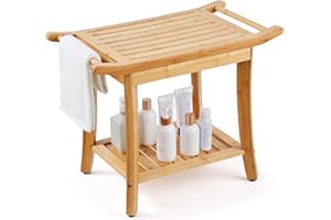 VEVOR Duschbank aus Bambus, 61 x 35 x 48 cm, wasserdichter Duschhocker mit Ablagegriff, 136 kg Tragkraft, Spa-Badesitz-Organizer, für Erwachsene, Senioren, Frauen, ältere Menschen, drinnen und draußen