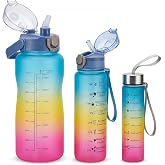 3'l&uuml; Motivasyonel Matara Seti, İ&ccedil; İ&ccedil;e Ge&ccedil;ebilir Tasarım, 2000ml, 900ml ve 300ml, Gradyan Renk Se&ccedil;enekleri, Sticker ve Pipet H