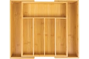 Koksi Cutlery Drawer Organiser - Expandable Bamboo Utensil Organiser for Silverware, Flatware, Knives, Natural Wood Cutlery Tray & Knife Holder Kitchen Drawer Divider Organisation