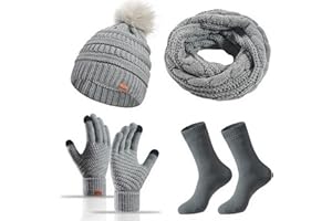 Baynetin 4-pak damski zimowy kapelusz szalik rękawiczki zestaw skarpet, zimowa czapka beanie ciepłe termiczne czapki z pomponem rękawiczki do ekranu dotykowego damski szalik ocieplacz na szyję 4 w 1
