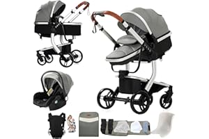 Nine point nine PU-Leder Kinderwagen 3 in 1, Kinderwagen Set mit Umkehrbarem Doppelschiebemodus, Kombikinderwagen 3 in 1 Bequemer Babywanne, Kombikinderwagen Rahmen Aluminiumlegierung (L518 Grey)