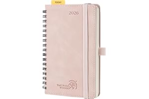 POPRUN Agenda 2026 Semana Vista Espiral, Pequeña 16 x 10,5 cm con Regla Posicionable, Tapa Blanda, Una Página por Semanal con Una Página de Notas, 100 GSM Papel EU, Rosa Pálido