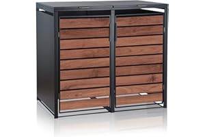 Zelsius Mülltonnenbox 2er Mülltonnen | (B) 132 x (T) 80 x (H) 117 cm | Anthrazit RAL7016 | Tür in dunkelbrauner Holzoptik mit Erweiterungsmöglichkeit | Mülltonnenverkleidung, Garten Müllbox