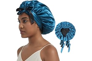 Hat Hut Gorro de seda de satén para cabello rizado, gorro de dormir ajustable de doble capa con diseño de patrón