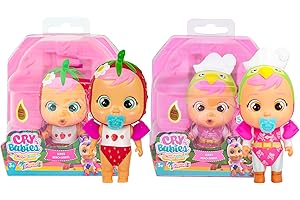 CRY BABIES LITTLE CHANGERS Cry Babies Magic Tears Tropical Beach Babies Pack 2: Fancy & Lora | Bambole Collezionabili che Piangolo Lacrime Vere con Costume da Bagno e 8 Accessori - Gioco per bambine e bambini da +3 Anni