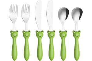 EXZACT Kinderbesteck 6 teiliges Edelstahl - Spülmaschinengeeignet -Kinderbesteckset ab 2 Jahre - 2 x Gabeln, 2 x Sicherheitsmesser, 2 x Esslöffel (Frosch x 6)