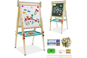 MAYCOLY Caballete para Niños, Caballete de Arte de Madera con Altura Ajustable con Rollo de Papel, Bandeja de Almacenamiento y Otros Accesorios, Pizarra y Pizarra Independiente para Niños y Jóvenes