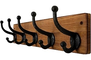 WEBI Percheros Pared Madera,5 Vintage Ganchos de Hierro fundido,Percha Pared,Colgadores Pared Para Abrigos,Chaqueta,Marrón