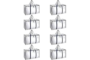 HealSmart 8 Pack Large Moving Bags with Zippers & Handles, Moving Supplies with Lids, Heavy Duty Totes for Space Saving, Fold Flat, Moving and Storing, Clear