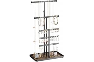 JOCKCARAS Jewellery Stand Organiser for Storage, 32cm Adjustable Height, Aesthetic Room Decor, Jewellery Display, Jewellery Holder for Earrings, Necklaces, Bracelets, Rings, Black Stands with Wooden Tray