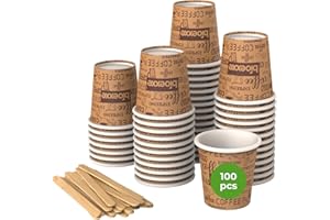 bioexxe Kit Completo 100 Pz Bicchierini Caffè espresso Carta 75ml + 100 Pz Palette Monouso Ecologici Biodegradabili - usa e getta Sostenibili (marroni)
