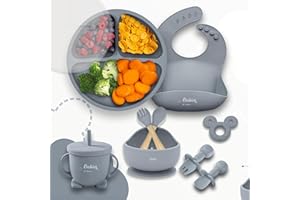 BABIES OF HEAVEN BabiesofHeaven COFFRET REPAS BEBE COMPLET [10 pièces], Assiette Ventouse Silicone Antiderapant avec Compartiments et Couvercle, Ventouse Bol, Bavoir, Cuillère, Fourchette, Vaisselle Enfant Set (Gris)