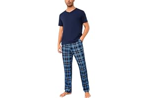 Bresdk Pijama Hombre Invierno Algodón Conjunto de Pijamas Manga Corta Tops con Largos Pantalones a Cuadros Ropa de Dormir con Bolsillos y Cordón S-3XL