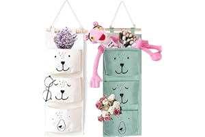 YANJINGHE Pack of 2 Wall Hanging Bag, Hanging Organiser, Waterproof Canvas Bag, Hanging Storage Bag, Hanging Bag, Storage Bag with 3 Pockets, for Children's Room, Bathroom, Bedroom (White, Green)