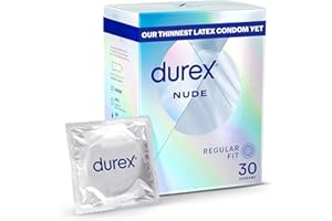 Durex Nude, Ultra Thin, 30 Condoms, Regular Fit, with Silicone Lube, Easy on Shape, Teat Ended, Our Thinnest Latex Condom Yet, Transparent Natural Latex Condoms, Trusted Durex Protection