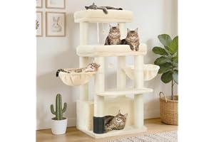 Hey-brother Katträd, lekturna för katter, anpassad för stora katter och Maine Coon, med sisalstolpar på 8 cm, 2 plattformar, 2 korgar, stort bo och tillbehör med kattborste, beige MPJ02M