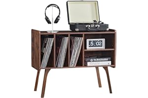 LELELINKY Brown Record Player Stand with 4 Cabinet Holds Up to 220 Albums, Large Turntable Stand with Wood Legs,Vinyl Holder Storage for Living Room,Bedroom