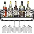 AcornFort® W-611 Metal Black Wall Hanging Mounted Wine Champagne Glass Goblets Stemware Rack Holder, 50 x 20 cm Hold Up To 12 Bottles Wine and 12 Cups Glasses