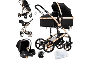 MoLi Carrito de Bebe 3 en 1, Carro Bebe 3 Piezas Plegado Conveniente con Un Solo Clic, Carrito Bebe con Modo de Doble Empuje Reversible, Cochecito Bebe 3 Piezas Paisaje Alto (588 Noir Gold)