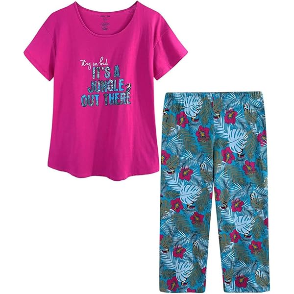 YIJIU Women's Soft Cat Print Pajama Set - Short Sleeve Top & Capri Pants, 95% Polyester 5% Spandex, Queen/XX-Large