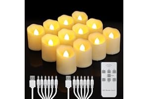 ‎YUNSHENG yunsheng 12 Stück Wiederaufladbare LED Teelichter mit Fernbedienung Timer, Aufladbar Flammenlose Flackernde Kerzen, Warmweißes Licht, Halloween Weihnachten Hause Hochzeit Deko (mit 2 USB Ladekabel)