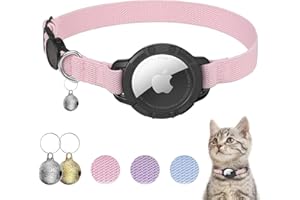 NOZLAID AirTag Cat Collar, Stretchy Kitten Collar with Apple Air Tag Holder and Bell, Breakaway Design Ultra Elastic GPS Tracking Cat Collar for Cats and Puppies (7.5"-12.5", Pink)
