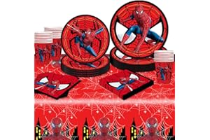 DreamJing Spider Birthday Party Supplies Tableware Set 16 Guests, Superhero Birthday Party Plates Cups and Napkins Tablecloth for Kids Boys Birthday Party Decorations