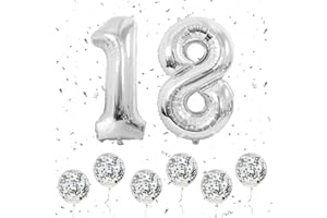 OUSUGA Palloncini Numero 18 Argento, Palloncini Numero 1 e 8 Grandi in Lamina 40 Pollici con 6 Palloncini Elio Coriandoli Argento, Palloncino 18 Compleanno per Ragazze Ragazzi Feste Romantiche Anniversario