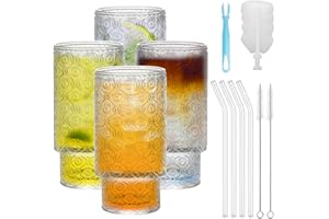 MAMIDDLE 4 Piezas Vasos de Cóctel con Pajita de Vidrio 350ml/11.8oz Vasos Largos para Cócteles, Whisky, Cerveza, Café Helado, Refrescos, Zumos (Flor)