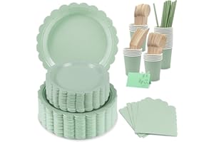 BOODPET 201PCS Sage Green Tableware Set for 25 Guests – Elegant Disposable Plates, Cups, Napkins with Wooden Cutlery & Name Card – Eco Party Supplies for Wedding, Baby Shower, Picnic, Garden Events
