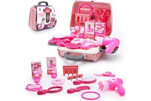 Wikay 24pcs Kids Hairdressing Set, Pretend Play Toys For Girls Age 3-8, Role Play Kit for Girls Toy Set, Princess Pink Vanity Dressing Table Mini Carry Case Portable with Accessories