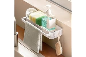 BAERTMY Porta Spugne Lavello Cucina da Appendere Organizzatore per Porta Spugna Cucina Organizer Sotto Lavello da Cucina con 2 Ganci e Ventosa Portaspugne Dispenser Sapone Cucina Portaspugna Accessori