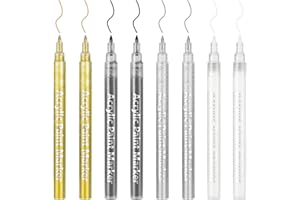 DONQL 8Pcs Acrylic Paint Pen 0.7mm Metallic Permanent Acrylic Markers Set Gold Silver White Black Glass Glitter Paint Pens for Fabric Glass Rock Wooden Ceramic Leather, Fine Tip Marker