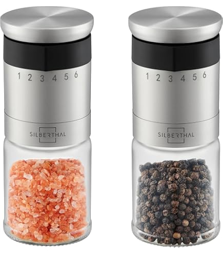 MENASTYL - Moulin électrique à sel et poivre 2 en 1 en acier inoxydable avec broyeur en céramique ajustable - Double compartiment transparent - Facile à remplir et à entretenir - 5050165