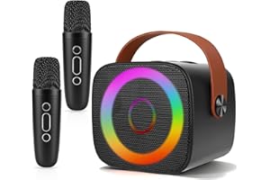 CARASTEK Karaoke Maschine Mini Tragbares Bluetooth Karaokemaschinen mit 2 Kabellosen Mikrofonen für Kinder Erwachsene mit Stimme wechselnde Effekte & LED Lichteffekten Jungen Mädchen Geschenke (Schwarz)