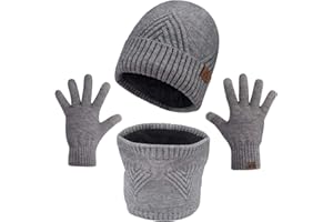 Maylisacc 3 Pcs Slouch Beanie Hiver Thermal Snood Écharpe et Gants Tactile Écran Hommes Femmes avec Épaisse Polaire Doublure