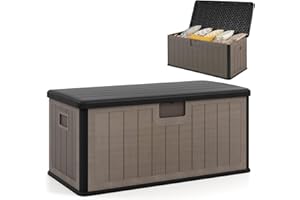 COSTWAY 380L Garden Storage Box, Waterproof Resin Deck Box Bench with Lockable Lid & Side Handles, Wood Texture Outdoor Patio Storage Container for Cushion Tool Toy (Black + Brown)