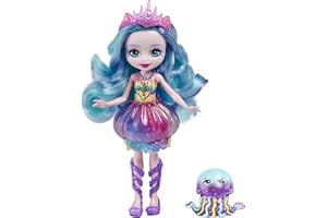 Enchantimals Royaume de l'océan mini-poupée Jelanie Meduse avec jupe amovible et accessoires, et mini-figurine Stingley, jouet pour enfant, HFF34