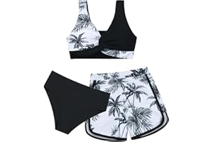 BOBORA Girl's 3 Piece Swimsuit Tropical Print Teen Bathing Suit Twist Cross Bikini Swimwear with Cover Up Shorts Size 9-16