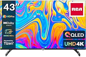 RCA 43 Inch QLED UHD Smart TV, 4K HDR10 Tizen OS TV with Samsung TV Plus Youtube Netflix Motion Mode Dolby MS12, 3 x HDMI 2 x USB WiFi Bluetooth, Large Screen TV for Living Room Home Office