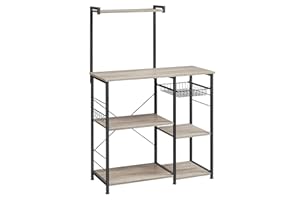 ‎VASAGLE VASAGLE Küchenregal, Standregal, Bäckerregal mit Metallkorb, 6 Haken, Mikrowellenregal, für Gewürz, Töpfe und Pfannen, 40 x 90 x 134 cm, greige-schwarz KKS035B02
