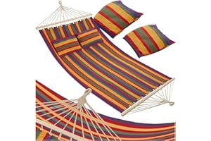 tectake® Amaca per Due Persone, Barra in Legno, Con 2 Cuscini Morbidi, Comoda e Resistente, Arredamento Esterno, Campeggio, Escursioni, Balcone, Beige, Capacità 240 kg - Righe