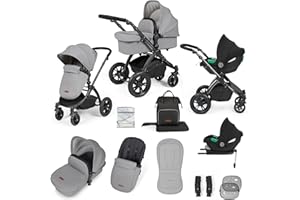 Ickle Bubba Stomp Luxe 12pc Travel System with i-Size Cirrus Car Seat & ISOFIX Base – All-Terrain Pram, Reversible Seat, Carrycot, UPF 50+ Hood, Rain Cover & Accessories (Black/Pearl Grey/Black)